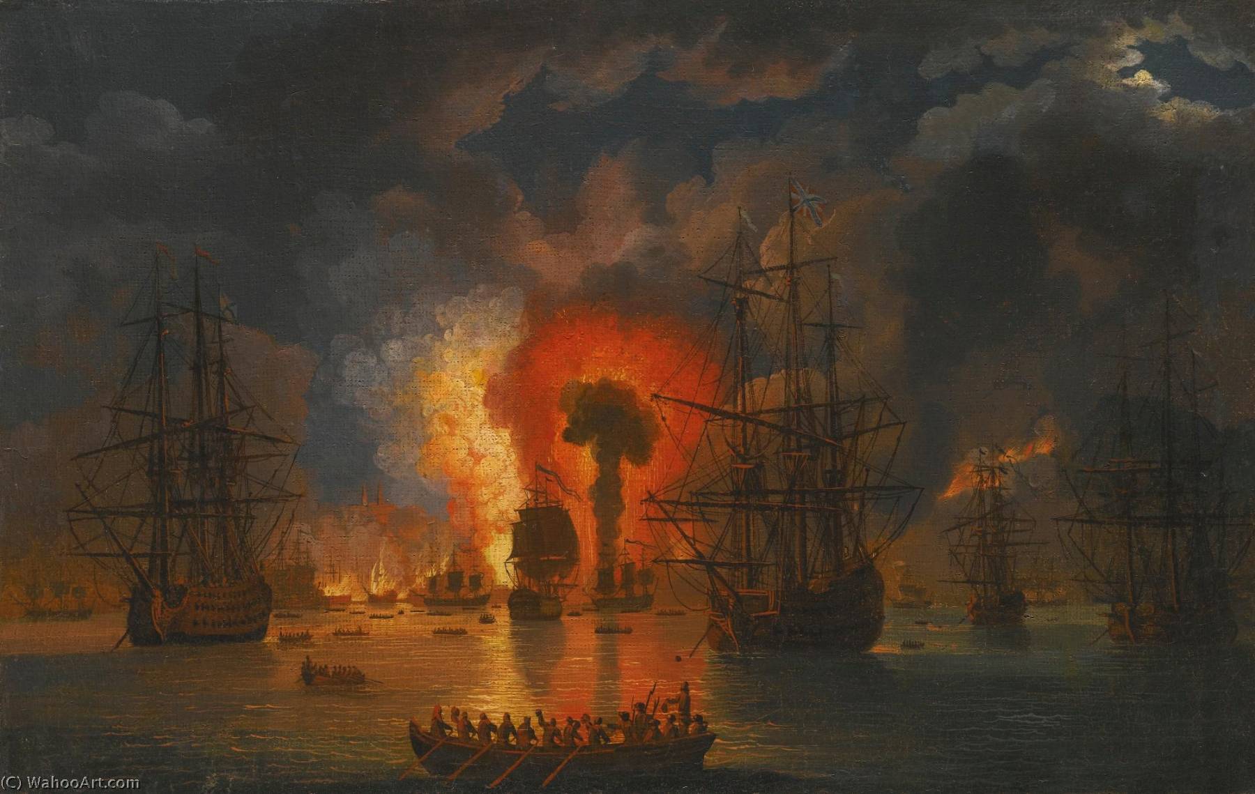 Wikoo.org - موسوعة الفنون الجميلة - اللوحة، العمل الفني Jakob Philipp Hackert - The destruction of the Turkish Fleet in the Battle of Chesme 6 7 July 1770