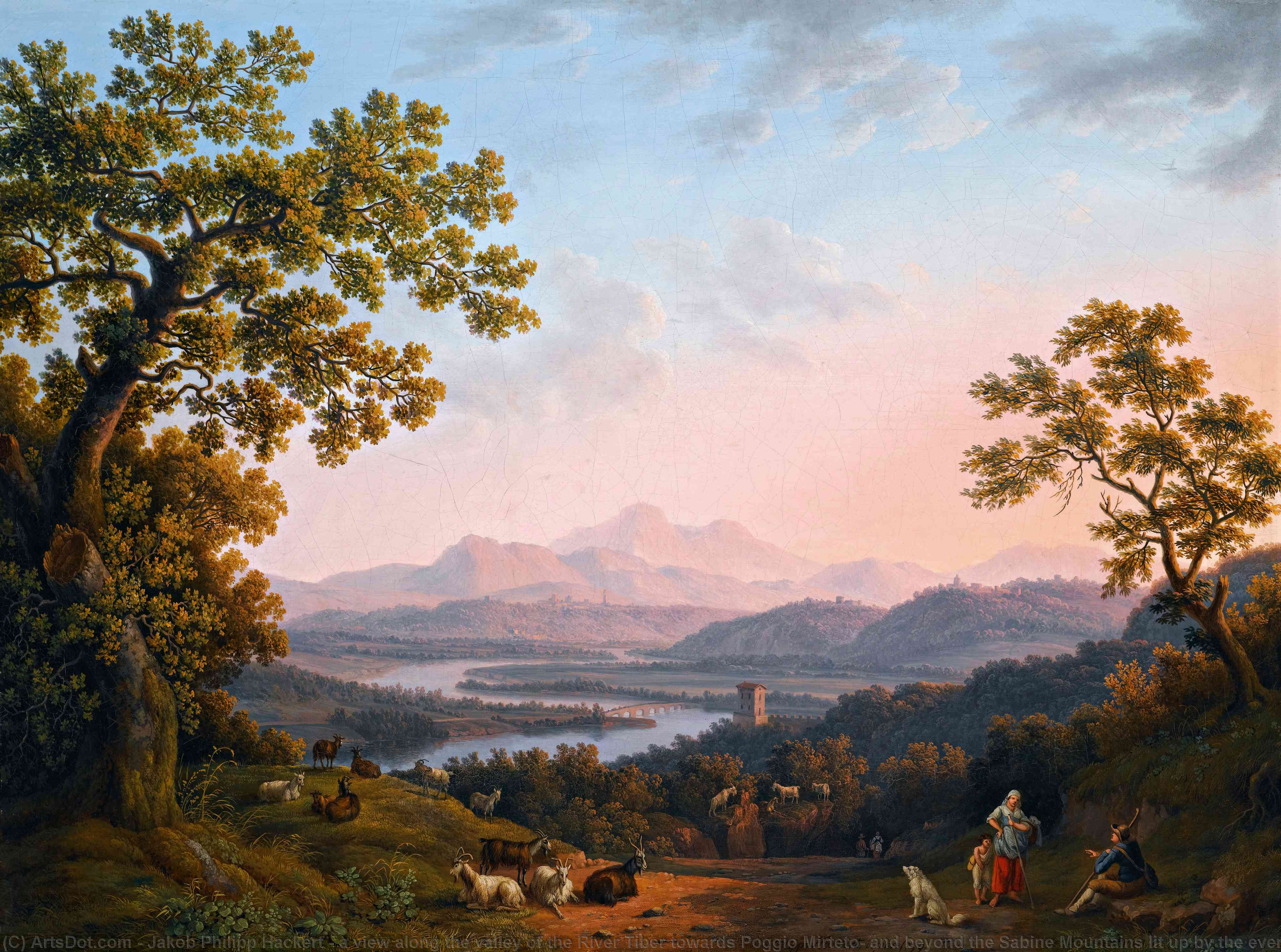 Wikioo.org - The Encyclopedia of Fine Arts - Painting, Artwork by Jakob Philipp Hackert - a view along the valley of the River Tiber towards Poggio Mirteto, and beyond the Sabine Mountains lit up by the evening sun