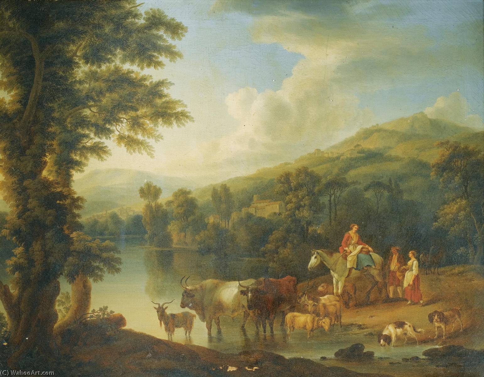 Wikioo.org - The Encyclopedia of Fine Arts - Painting, Artwork by Jakob Philipp Hackert - A Wooded River Landscape with a Woman on a grey horse with animals watering A Wooded River Landscape with a shepherd resting beneath a tree by cows and goats