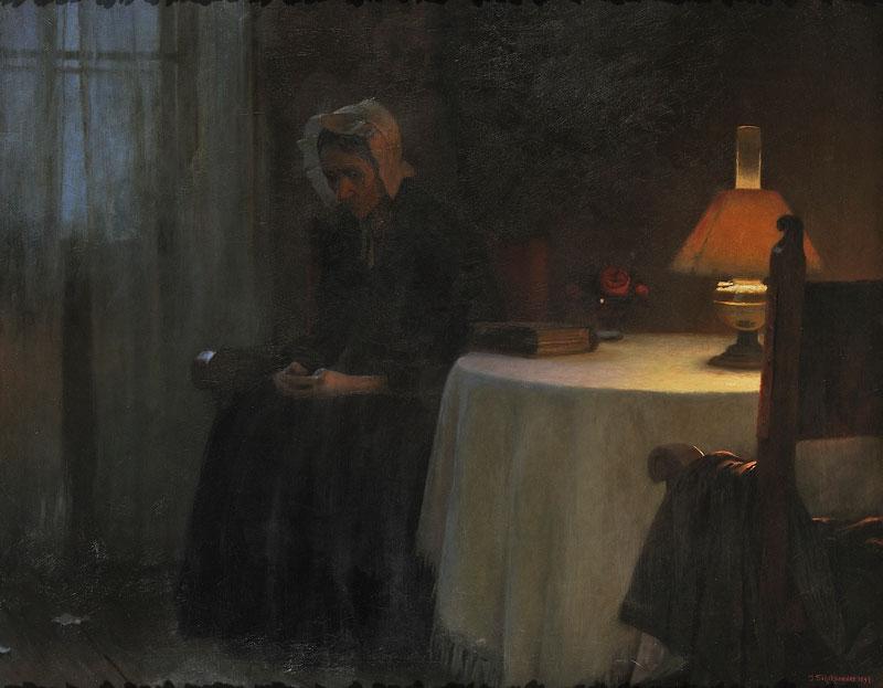 Wikioo.org - The Encyclopedia of Fine Arts - Painting, Artwork by Jakub Schikaneder - Evening (also known as Old Woman in an Interior)