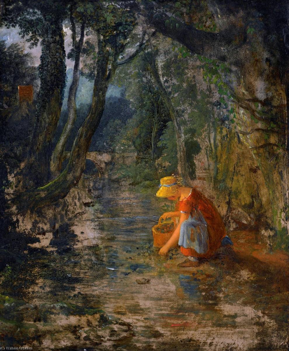 Wikioo.org - The Encyclopedia of Fine Arts - Painting, Artwork by James Francis Danby - A Girl Collecting Berries by a Brook in a Wooded Landscape