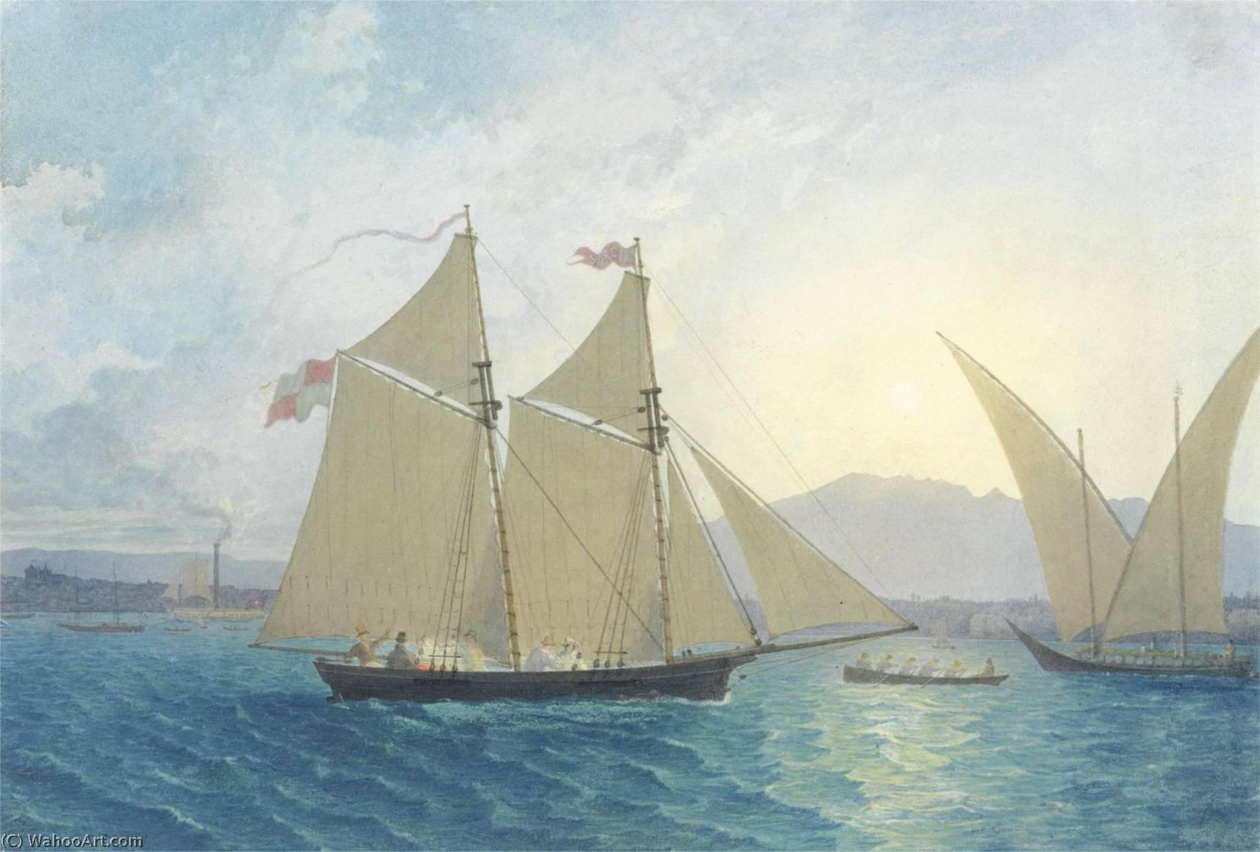 WikiOO.org - Εγκυκλοπαίδεια Καλών Τεχνών - Ζωγραφική, έργα τέχνης James Francis Danby - The Launch of 'La Sorciére' on the Lake of Geneva