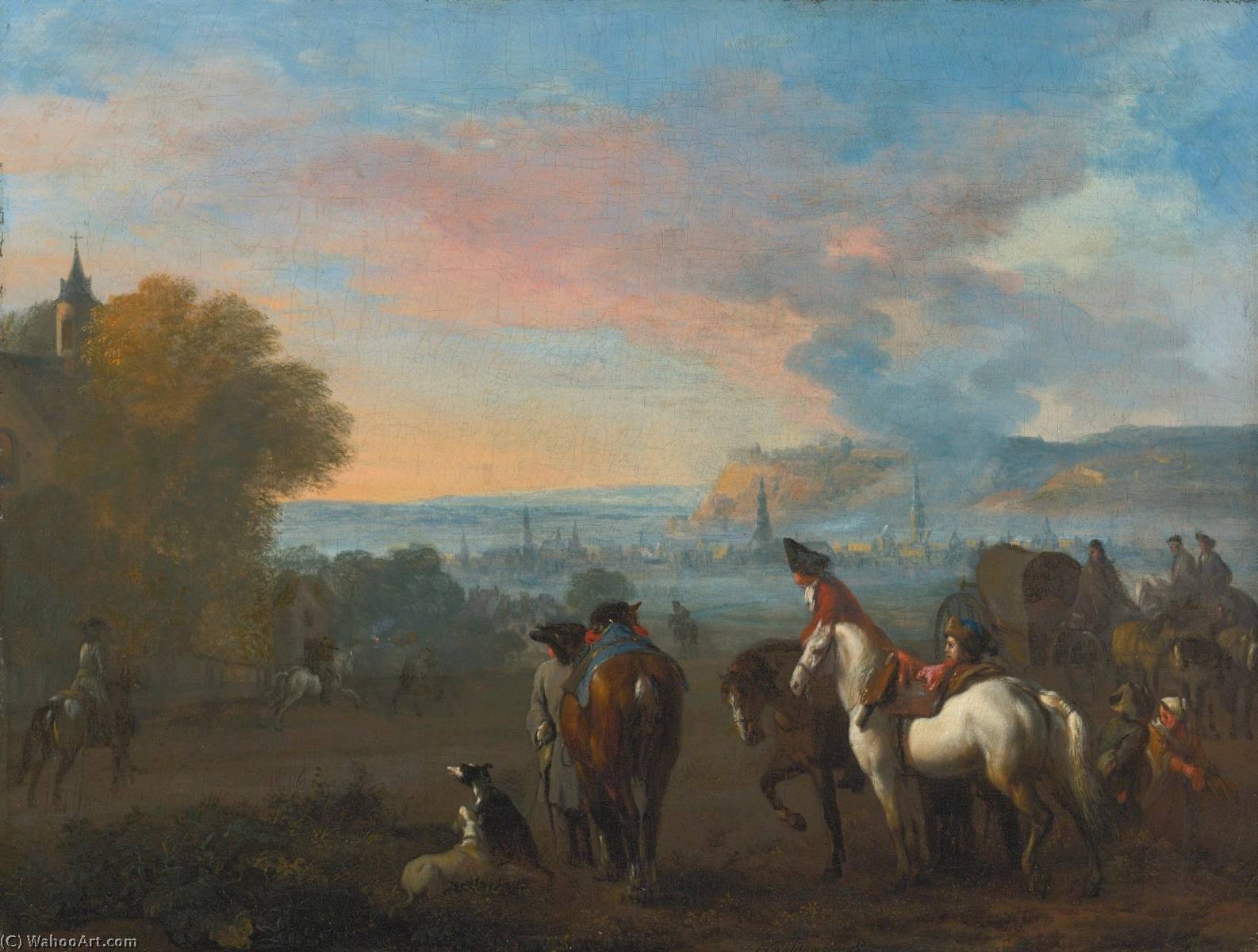 Wikioo.org - สารานุกรมวิจิตรศิลป์ - จิตรกรรม Jan Van Huchtenburg - Landscape with two horsemen duelling, figures and a town beyond
