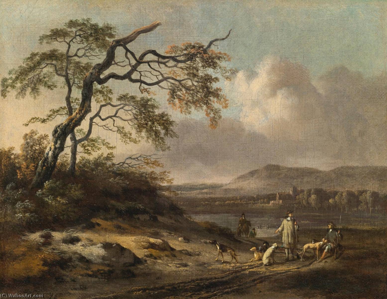 Wikioo.org - The Encyclopedia of Fine Arts - Painting, Artwork by Jan Jansz Wijnants - Dune landscape with hunters in the foreground, a lake and mountains beyond