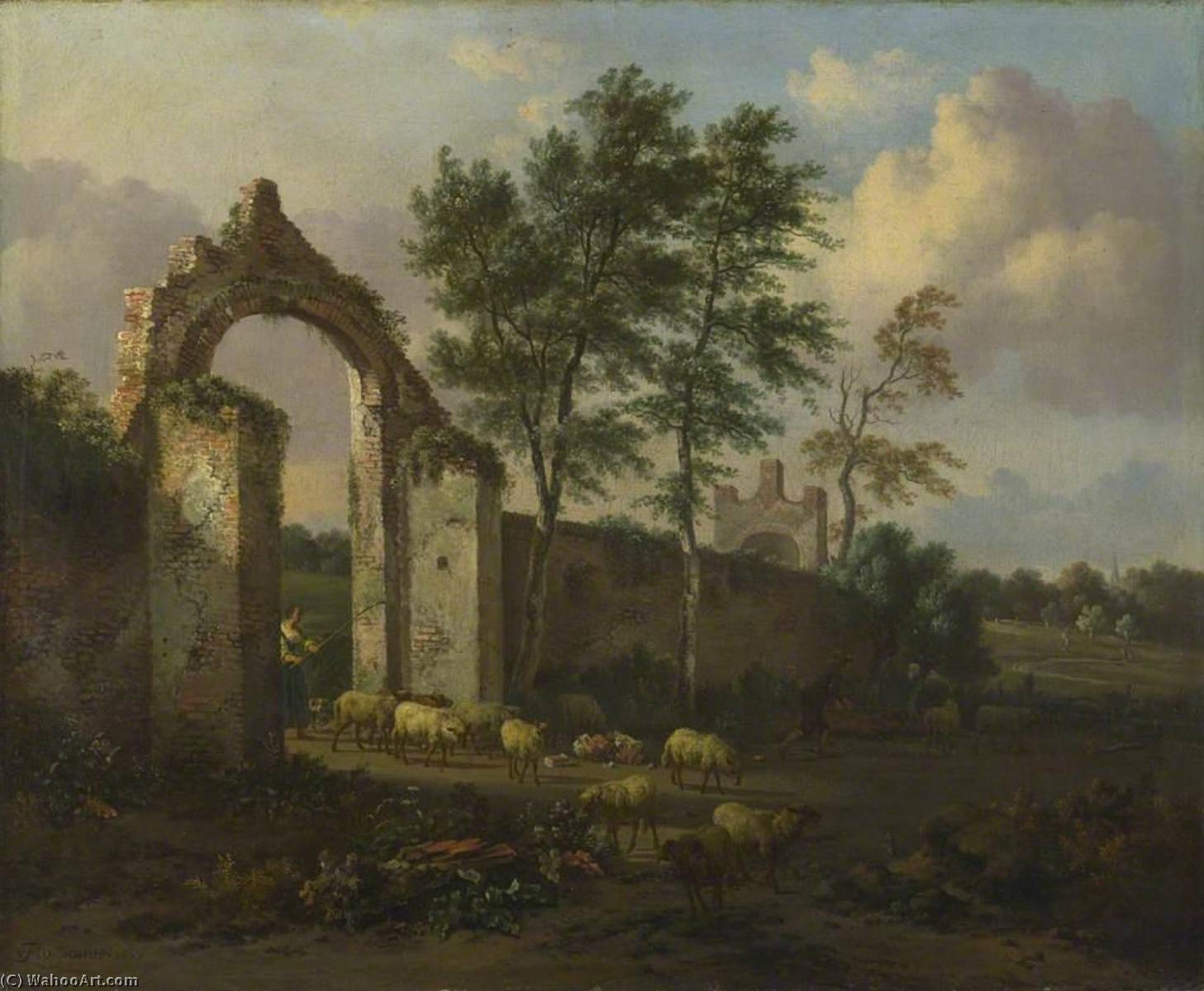 Wikioo.org - The Encyclopedia of Fine Arts - Painting, Artwork by Jan Jansz Wijnants - Landscape with a Woman Driving Sheep through a Ruined Archway