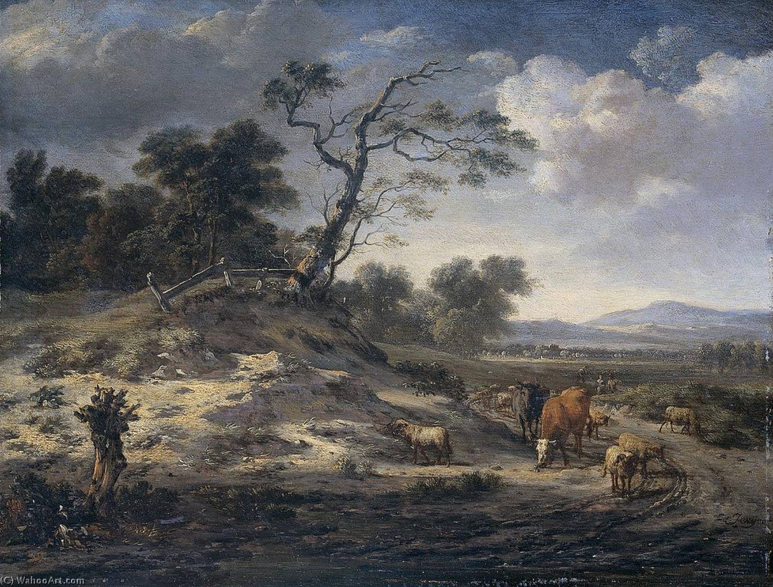Wikioo.org - The Encyclopedia of Fine Arts - Painting, Artwork by Jan Jansz Wijnants - Landscape with Cattle on a Country Road