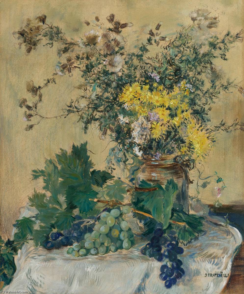 WikiOO.org - Encyclopedia of Fine Arts - Målning, konstverk Jean-François Raffaelli - Nature Morte aux fleurs et aux raisins