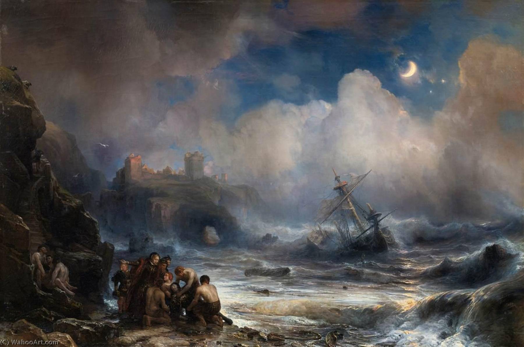 Wikioo.org - The Encyclopedia of Fine Arts - Painting, Artwork by Jean Antoine Théodore De Gudin - Sinking of a Vessel of the Spanish Armada on the Coast