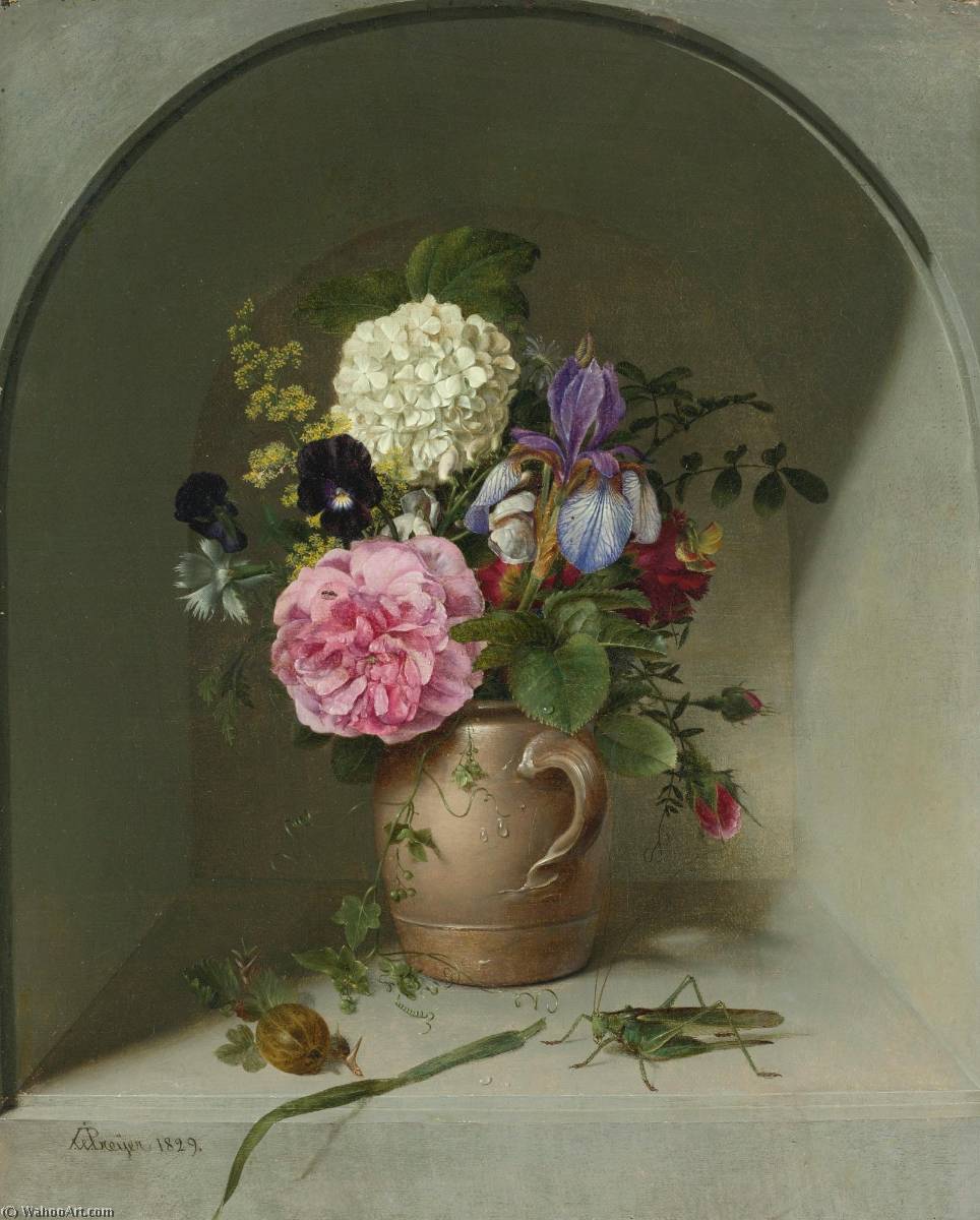 WikiOO.org - Encyclopedia of Fine Arts - Maalaus, taideteos Johann Wilhelm Preyer - Flowers in a Clay Jug on a Niche with Grasshopper