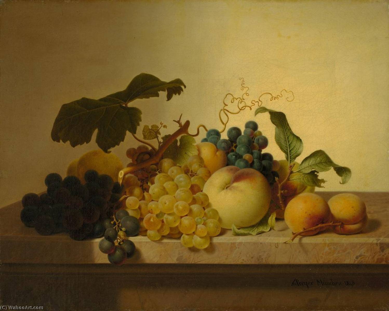 Wikioo.org – La Enciclopedia de las Bellas Artes - Pintura, Obras de arte de Johann Wilhelm Preyer - Fruta en Un  canica  mantel