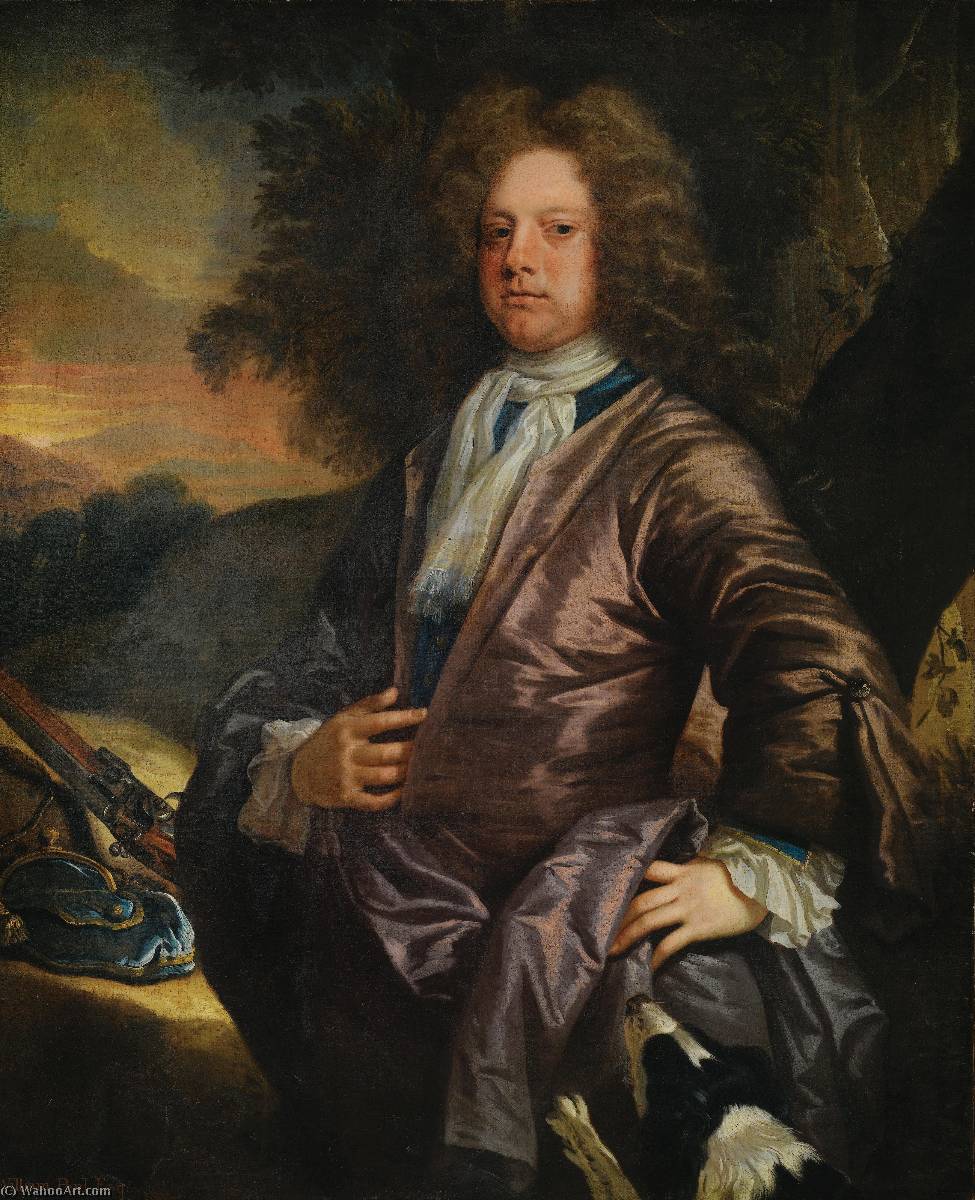 Wikioo.org - The Encyclopedia of Fine Arts - Painting, Artwork by John Closterman - Portrait of William Paul (1673 1711) of Bray, Berkshire, with his dog and a gun