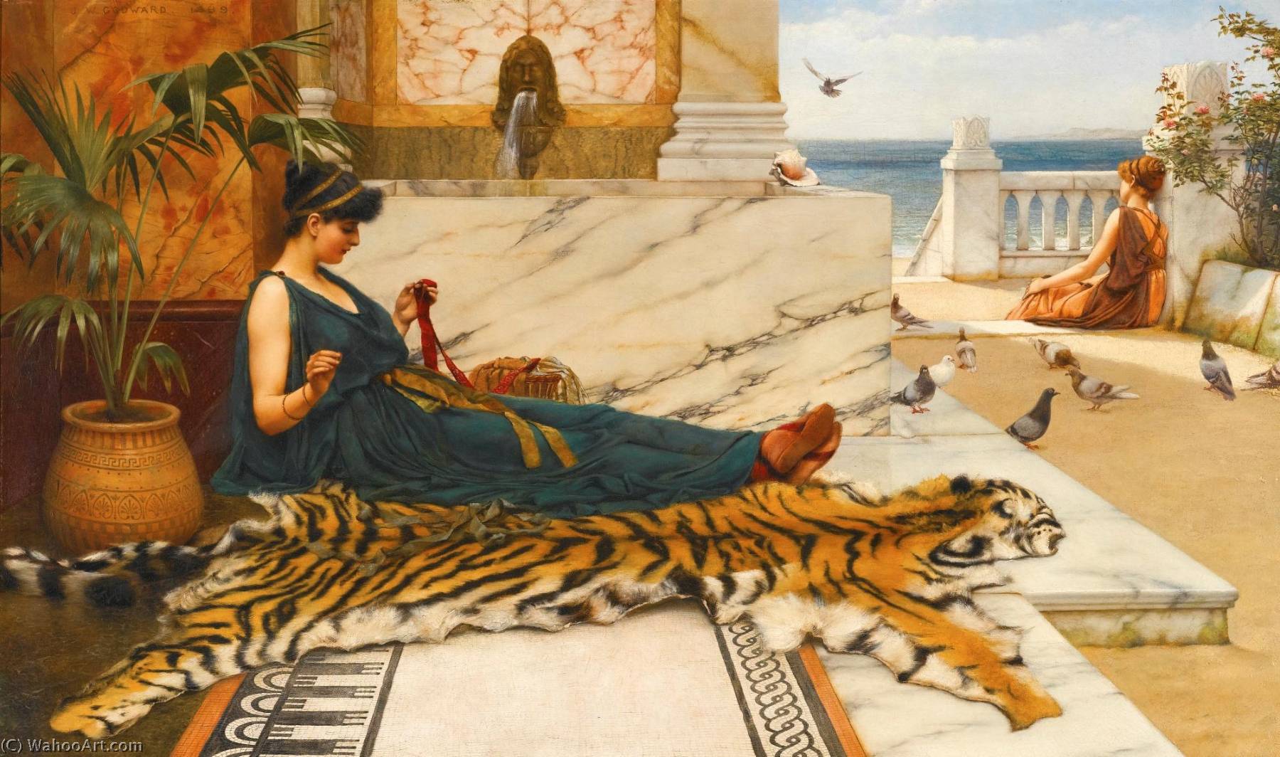 Wikioo.org - The Encyclopedia of Fine Arts - Painting, Artwork by John William Godward - The Tigerskin (Sewing Girl)