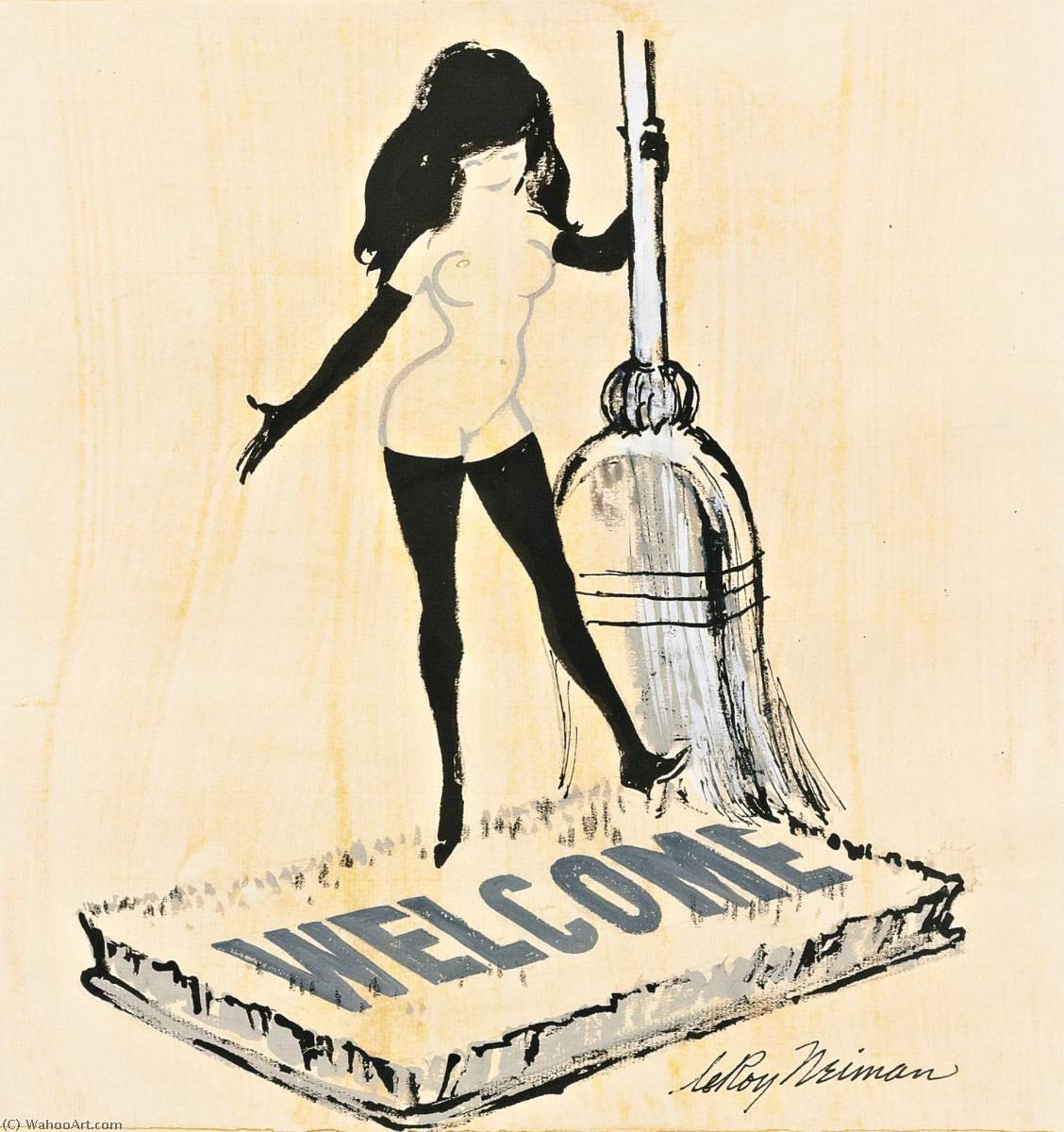 Wikioo.org - สารานุกรมวิจิตรศิลป์ - จิตรกรรม Leroy Neiman - Femlin Sweeping Welcome Mat (Cartoon for 'Playboy's Party Jokes', Playboy, May 1967)