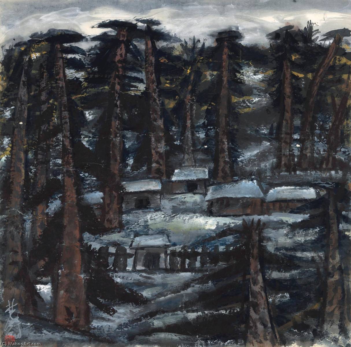 Wikioo.org - The Encyclopedia of Fine Arts - Painting, Artwork by Lin Fengmian - SNOW CLAD DWELLINGS IN THE FOREST