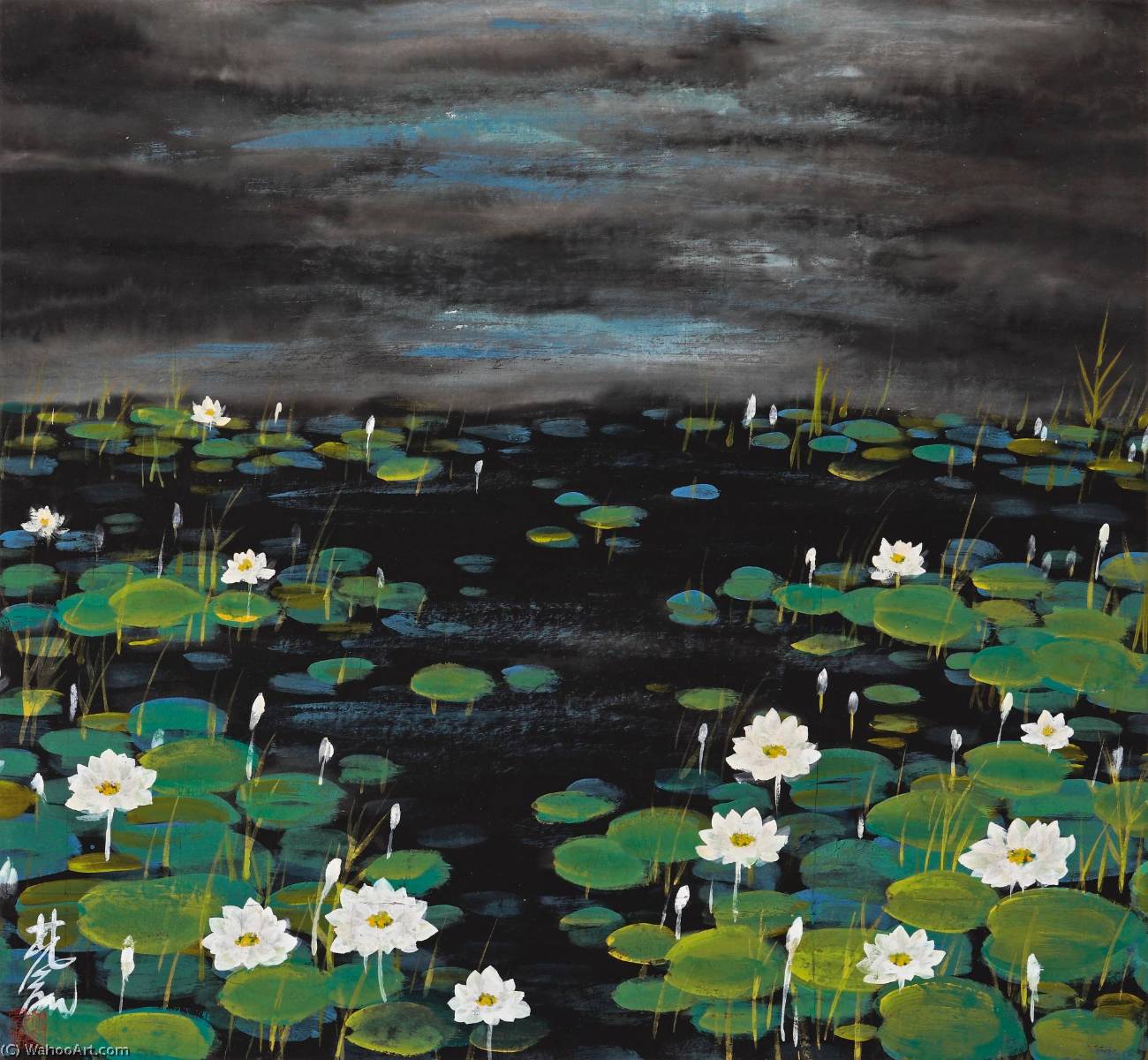 Wikioo.org - The Encyclopedia of Fine Arts - Painting, Artwork by Lin Fengmian - LOTUS POND AT NIGHTFALL