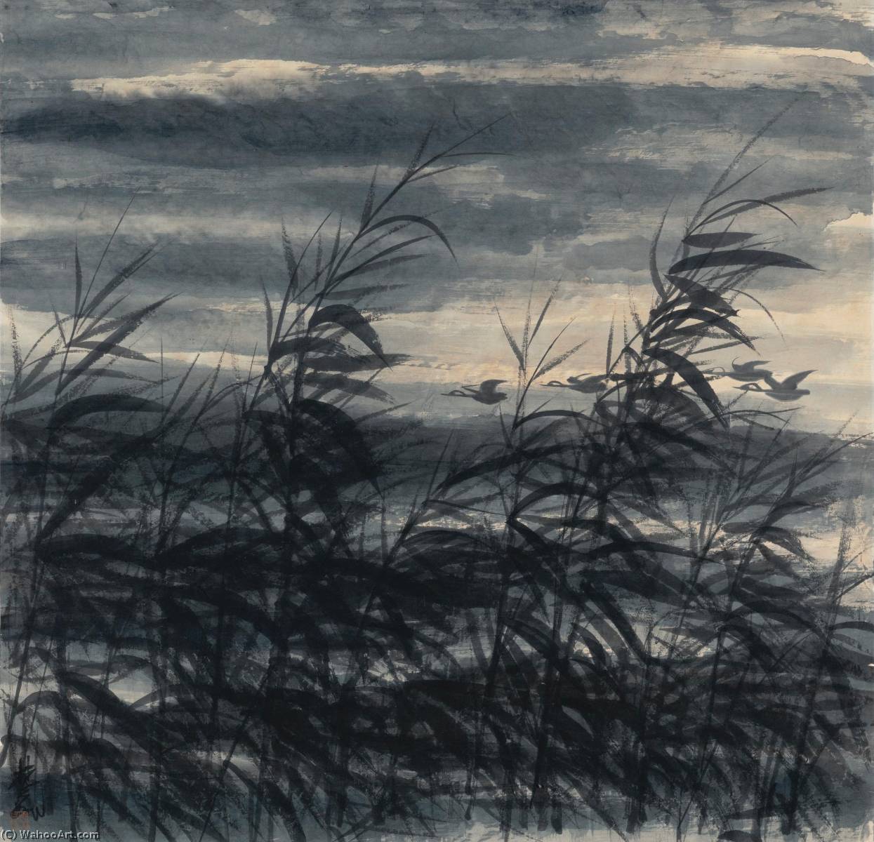 Wikioo.org - The Encyclopedia of Fine Arts - Painting, Artwork by Lin Fengmian - WILD GEESE OVER REEDS