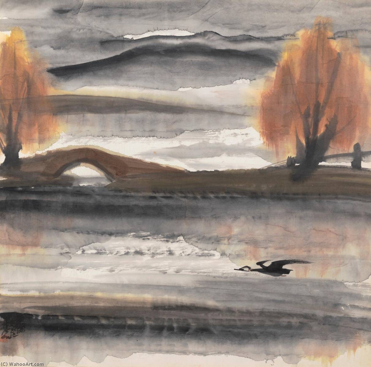 WikiOO.org - Encyclopedia of Fine Arts - Lukisan, Artwork Lin Fengmian - FLYING DUCK BY THE BRIDGE