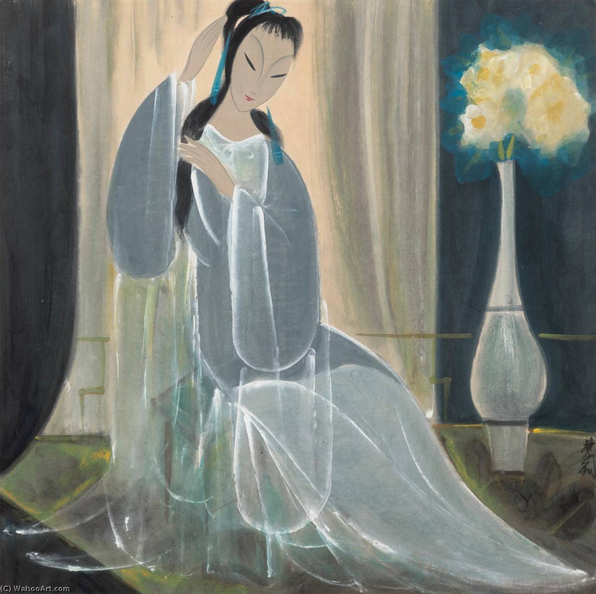 WikiOO.org - Encyclopedia of Fine Arts - Schilderen, Artwork Lin Fengmian - SEATED LADY BY THE VEIL
