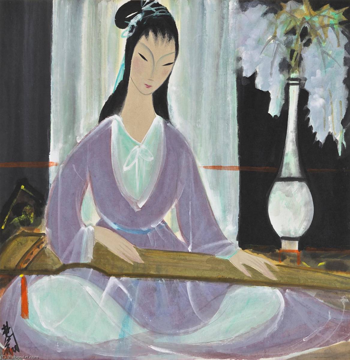 Wikioo.org - The Encyclopedia of Fine Arts - Painting, Artwork by Lin Fengmian - Lady Playing Strings