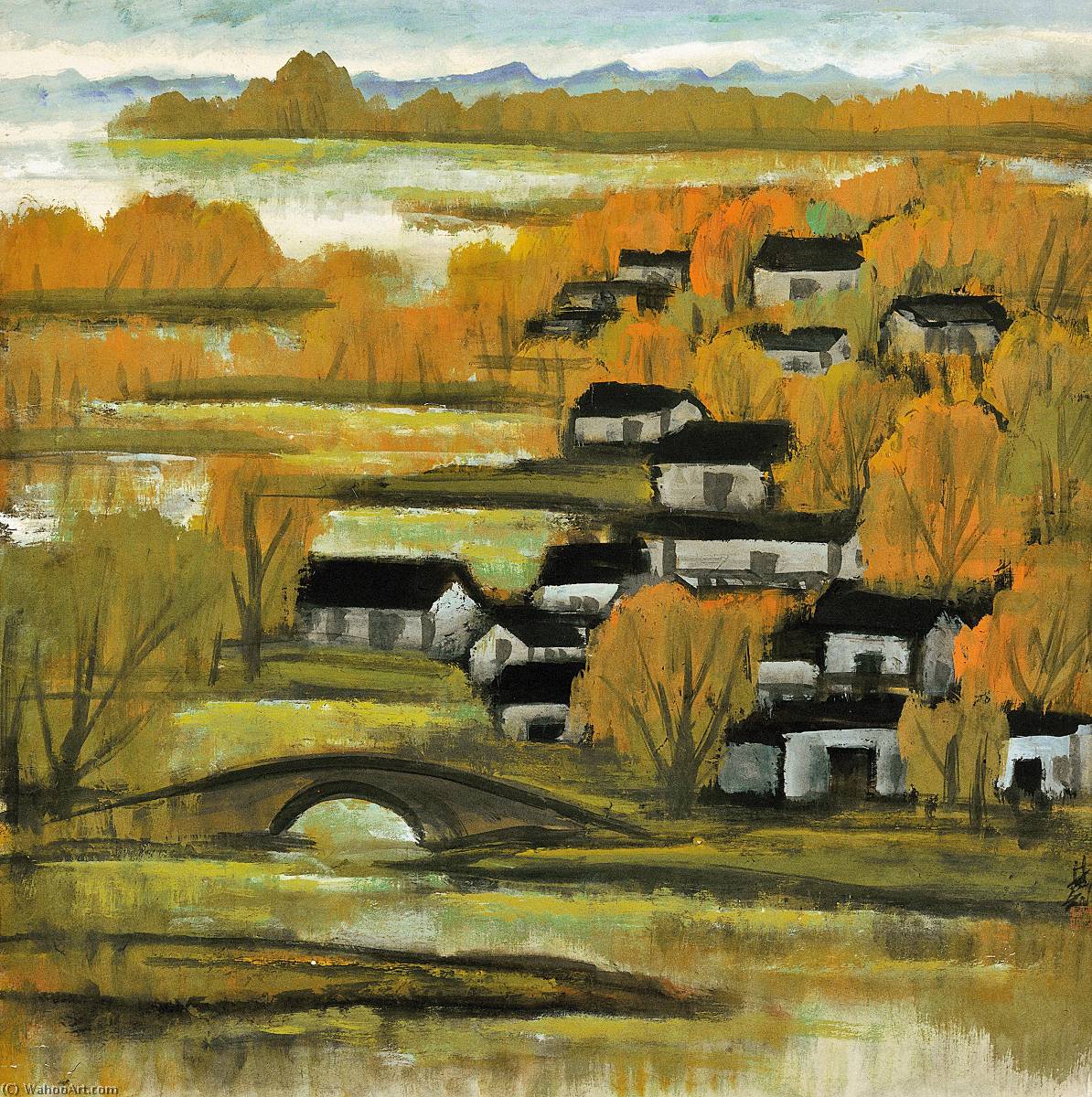 Wikioo.org - The Encyclopedia of Fine Arts - Painting, Artwork by Lin Fengmian - AUTUMN LAKESIDE SCENERY