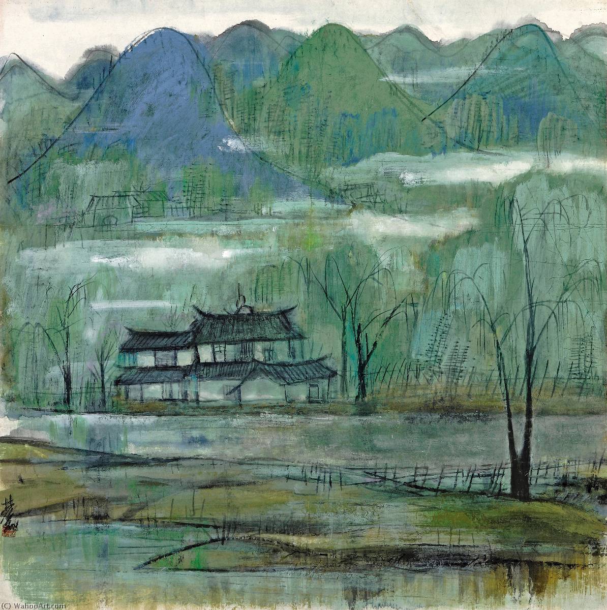 Wikoo.org - موسوعة الفنون الجميلة - اللوحة، العمل الفني Lin Fengmian - DWELLING BY THE LAKE