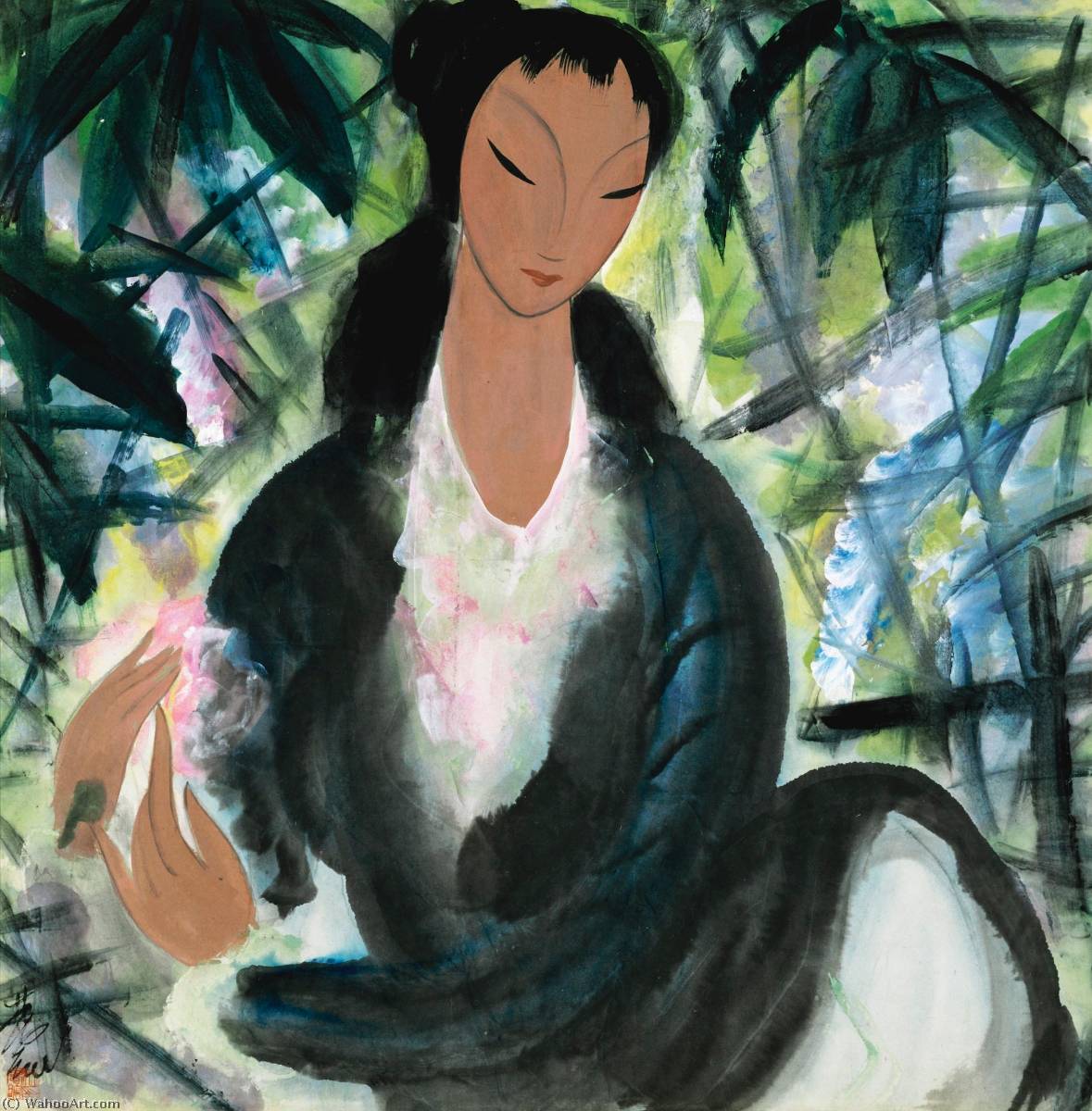 Wikioo.org - The Encyclopedia of Fine Arts - Painting, Artwork by Lin Fengmian - LADY AND WISTERIA
