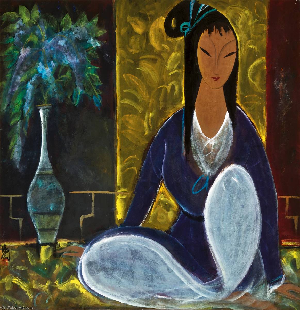 Wikioo.org - The Encyclopedia of Fine Arts - Painting, Artwork by Lin Fengmian - SEATED LADY WITH FLOWERS