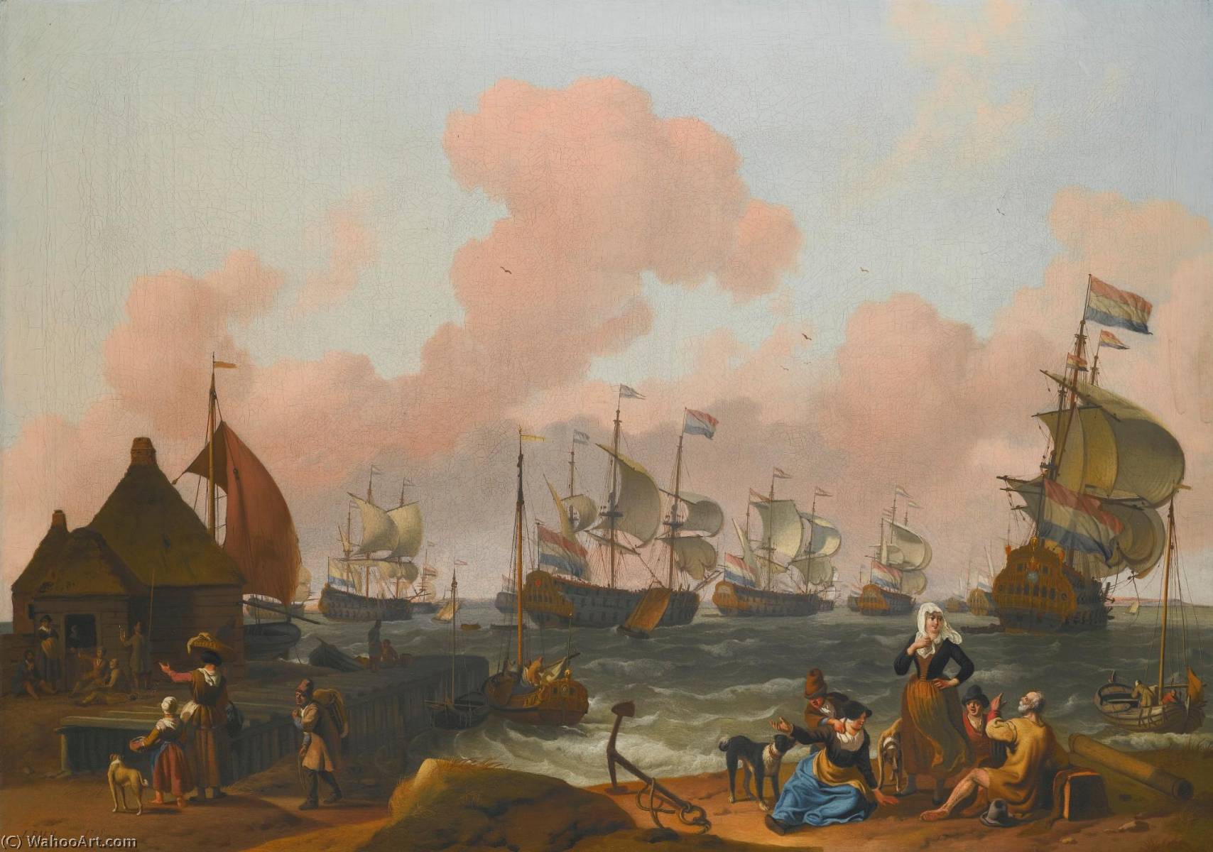 Wikioo.org - The Encyclopedia of Fine Arts - Painting, Artwork by Ludolf Backhuysen - A coastal landscape with many figures on the shore by a quay, with several two deckers in a stiff breeze beyond