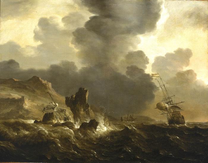 Wikioo.org - The Encyclopedia of Fine Arts - Painting, Artwork by Ludolf Backhuysen - A Dutch Ship Wrecked on a Rocky Coast