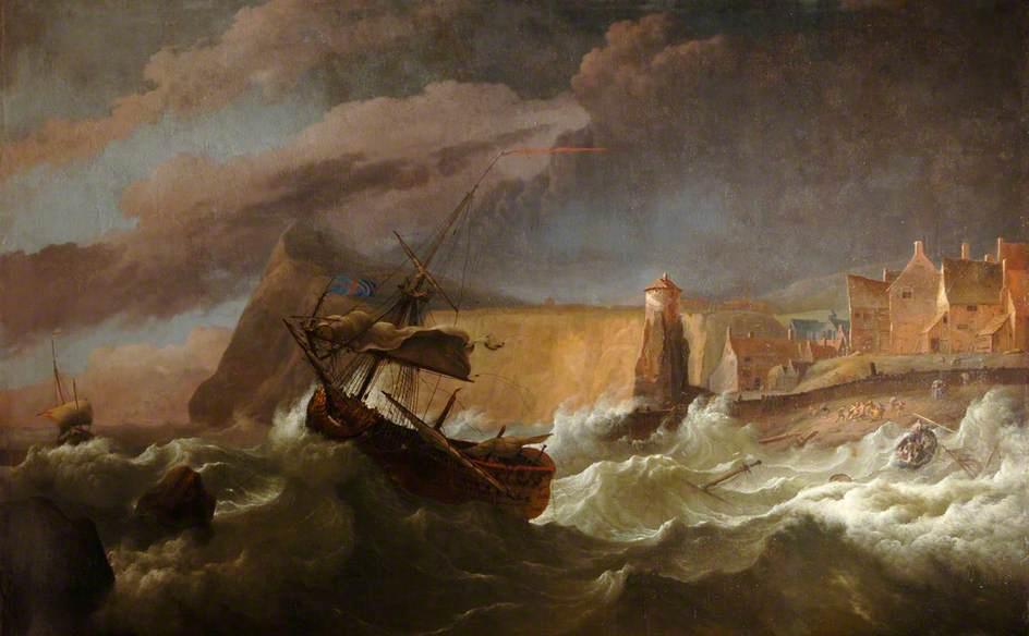 Wikioo.org - The Encyclopedia of Fine Arts - Painting, Artwork by Ludolf Backhuysen - The Foundering of the 'Coronation' 90 Guns at Rame Head