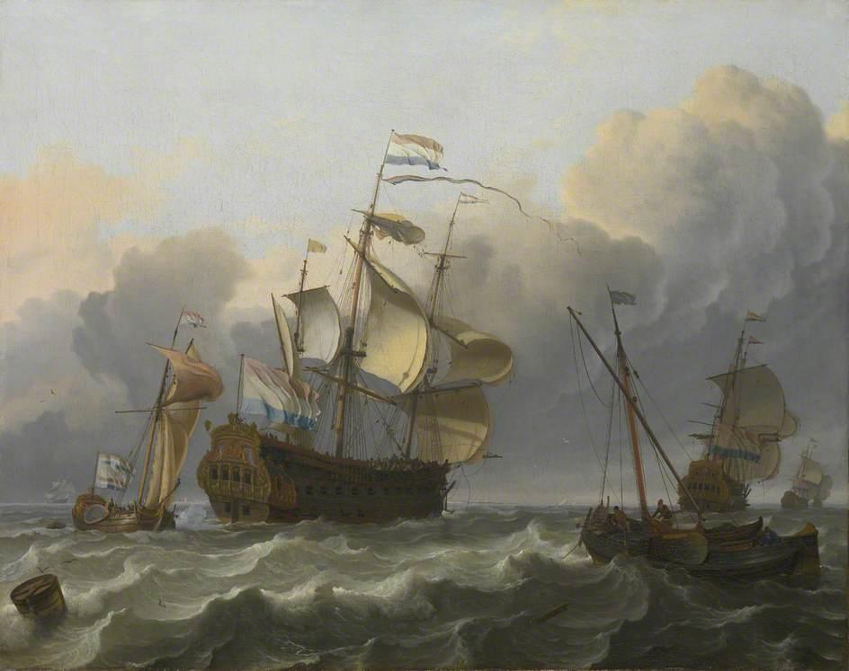 Wikioo.org - The Encyclopedia of Fine Arts - Painting, Artwork by Ludolf Backhuysen - A Dutch Flagship with a Yacht Under Her Stern