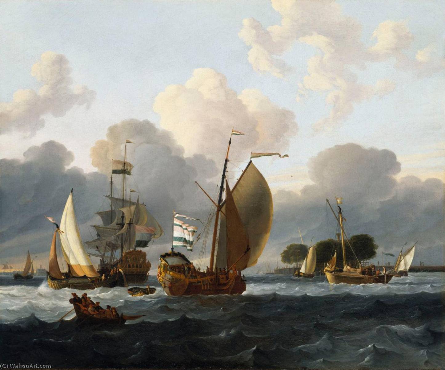 Wikioo.org – La Enciclopedia de las Bellas Artes - Pintura, Obras de arte de Ludolf Backhuysen - Un yate holandés Antes de el Viento en a puerto