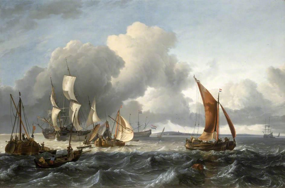 WikiOO.org - Encyclopedia of Fine Arts - Schilderen, Artwork Ludolf Backhuysen - The Merchant Shipping Anchorage off Texel Island with Oude Schild in the Distance