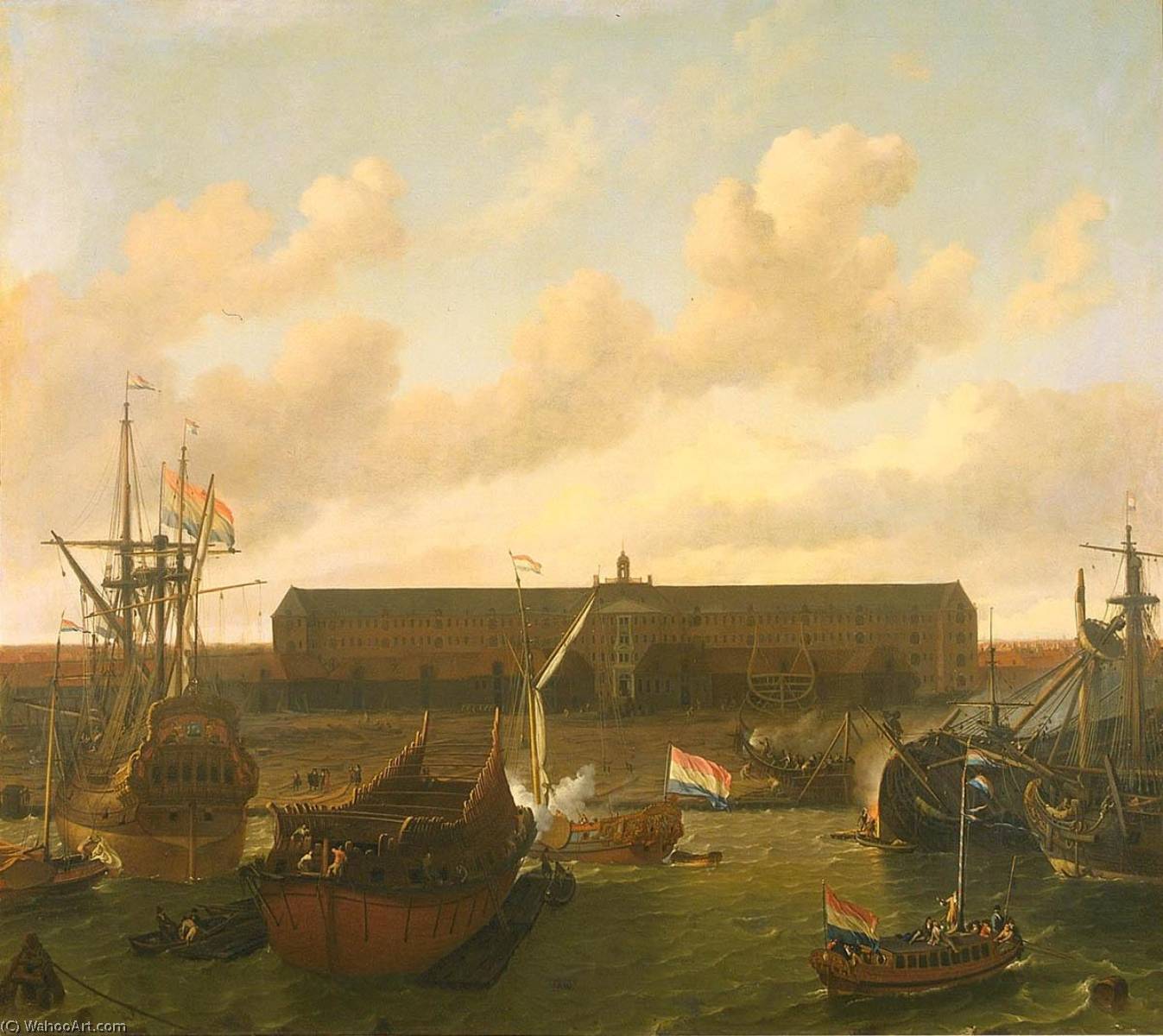 Wikioo.org - The Encyclopedia of Fine Arts - Painting, Artwork by Ludolf Backhuysen - The Dock of the Dutch East India Company at Amsterdam