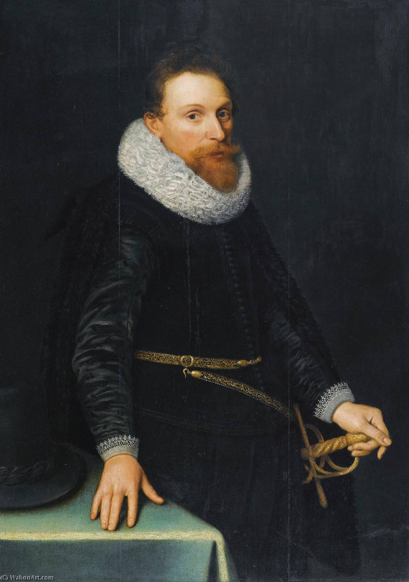 Wikioo.org - The Encyclopedia of Fine Arts - Painting, Artwork by Michiel Jansz Van Mierevelt - Portrait of a Gentleman, Three quarter length, standing, wearing a black tunic and white ruff