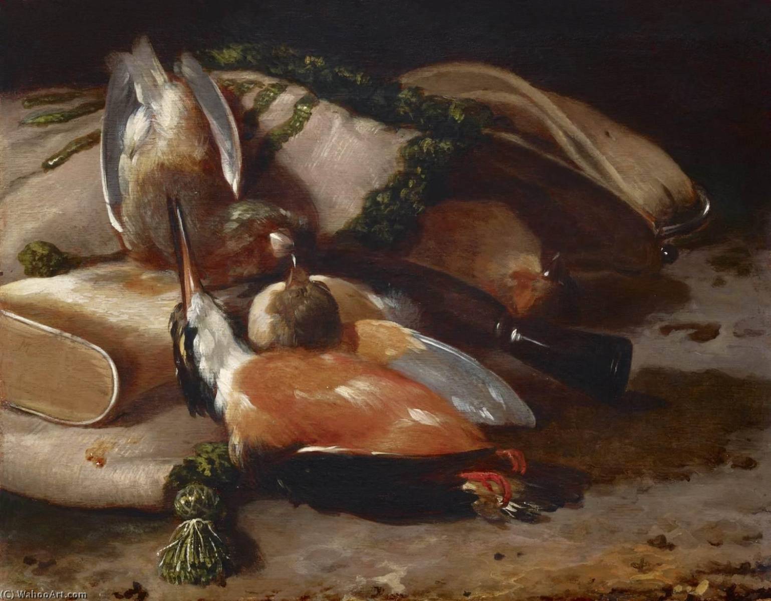 Wikioo.org - The Encyclopedia of Fine Arts - Painting, Artwork by Melchior De Hondecoeter - Still Life with Dead Kingfisher