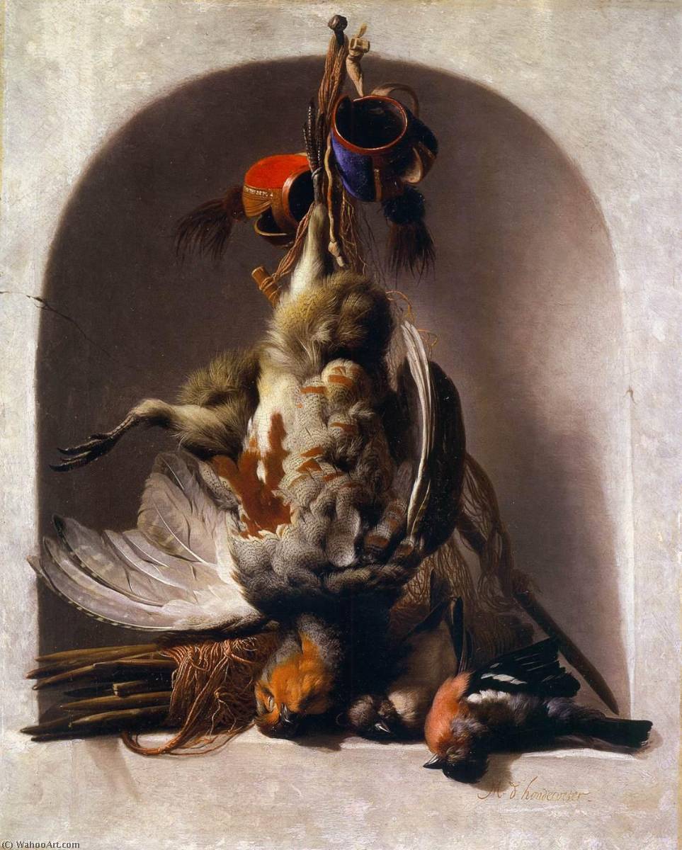 Wikioo.org - The Encyclopedia of Fine Arts - Painting, Artwork by Melchior De Hondecoeter - Dead Birds and Hunting Equipment in a Niche