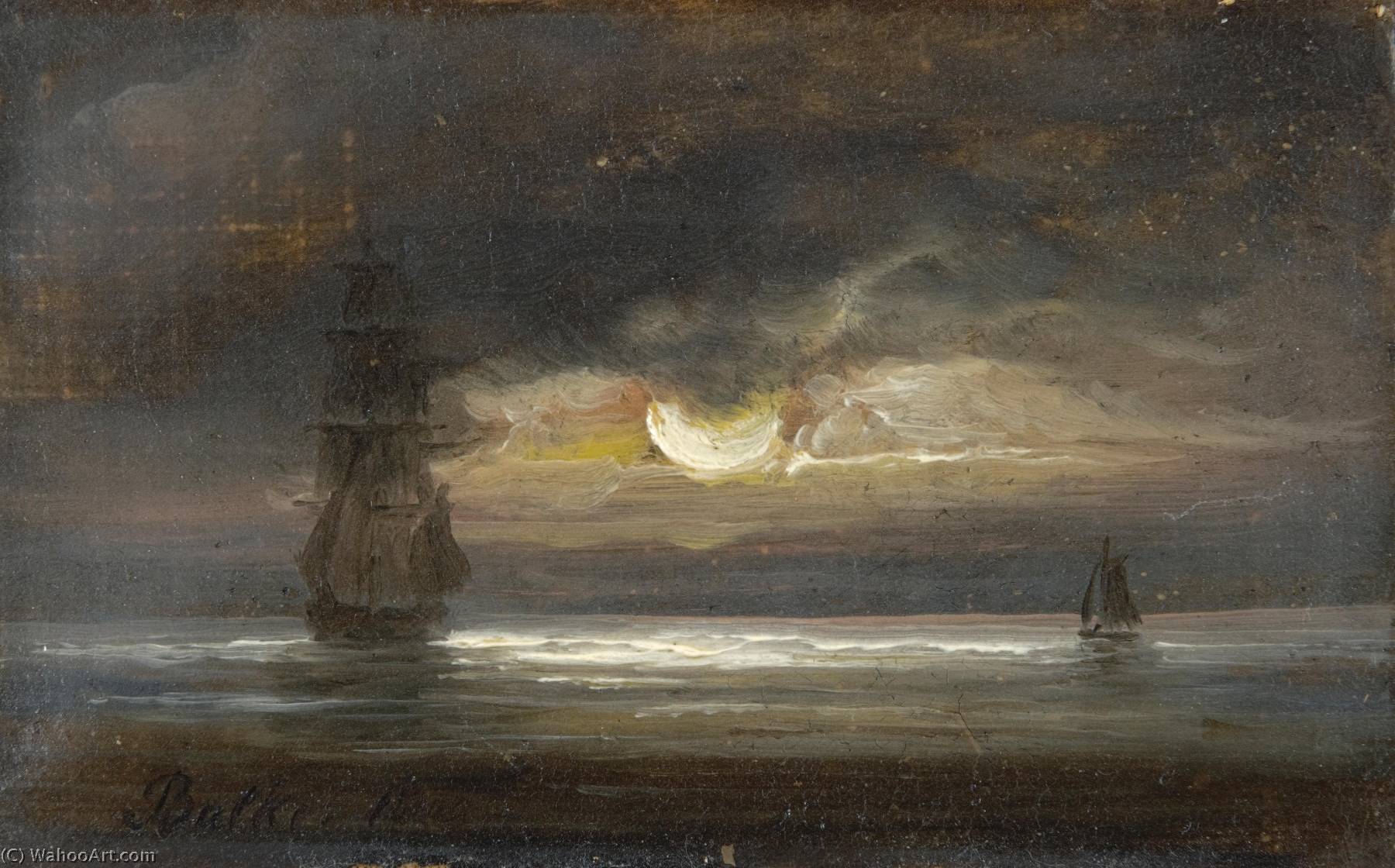WikiOO.org - Güzel Sanatlar Ansiklopedisi - Resim, Resimler Peder Balke - Two Sailing boats by moonlight