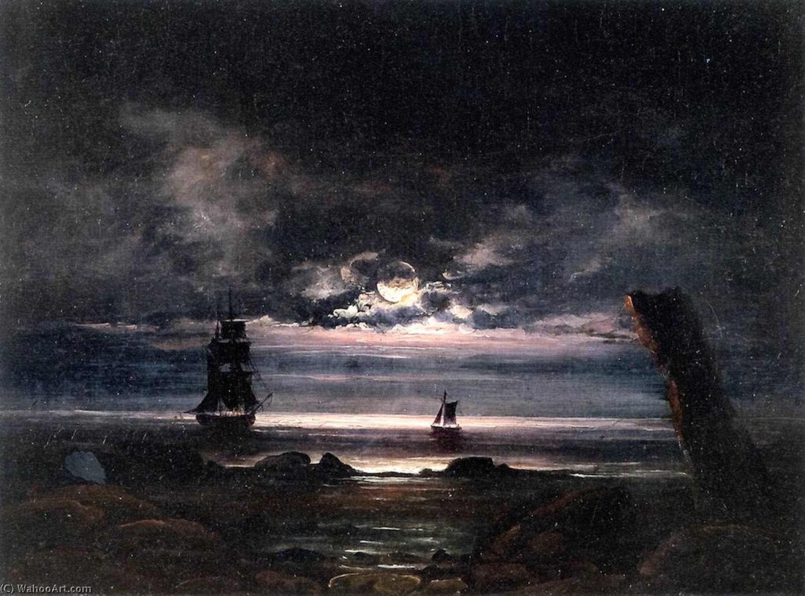 Wikioo.org – La Enciclopedia de las Bellas Artes - Pintura, Obras de arte de Peder Balke - luz de la luna en el costa a Steigen