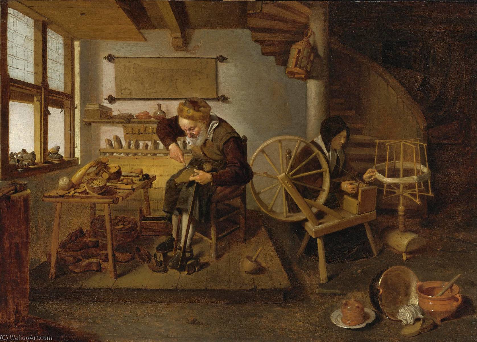 Wikioo.org - The Encyclopedia of Fine Arts - Painting, Artwork by Quiringh Gerritsz Van Brekelenkam - A Cobbler at Work, his Wife spinning Wool