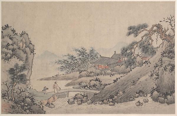 WikiOO.org - Encyclopedia of Fine Arts - Lukisan, Artwork Shen Zhou - Landscape with Man Crossing Bridge