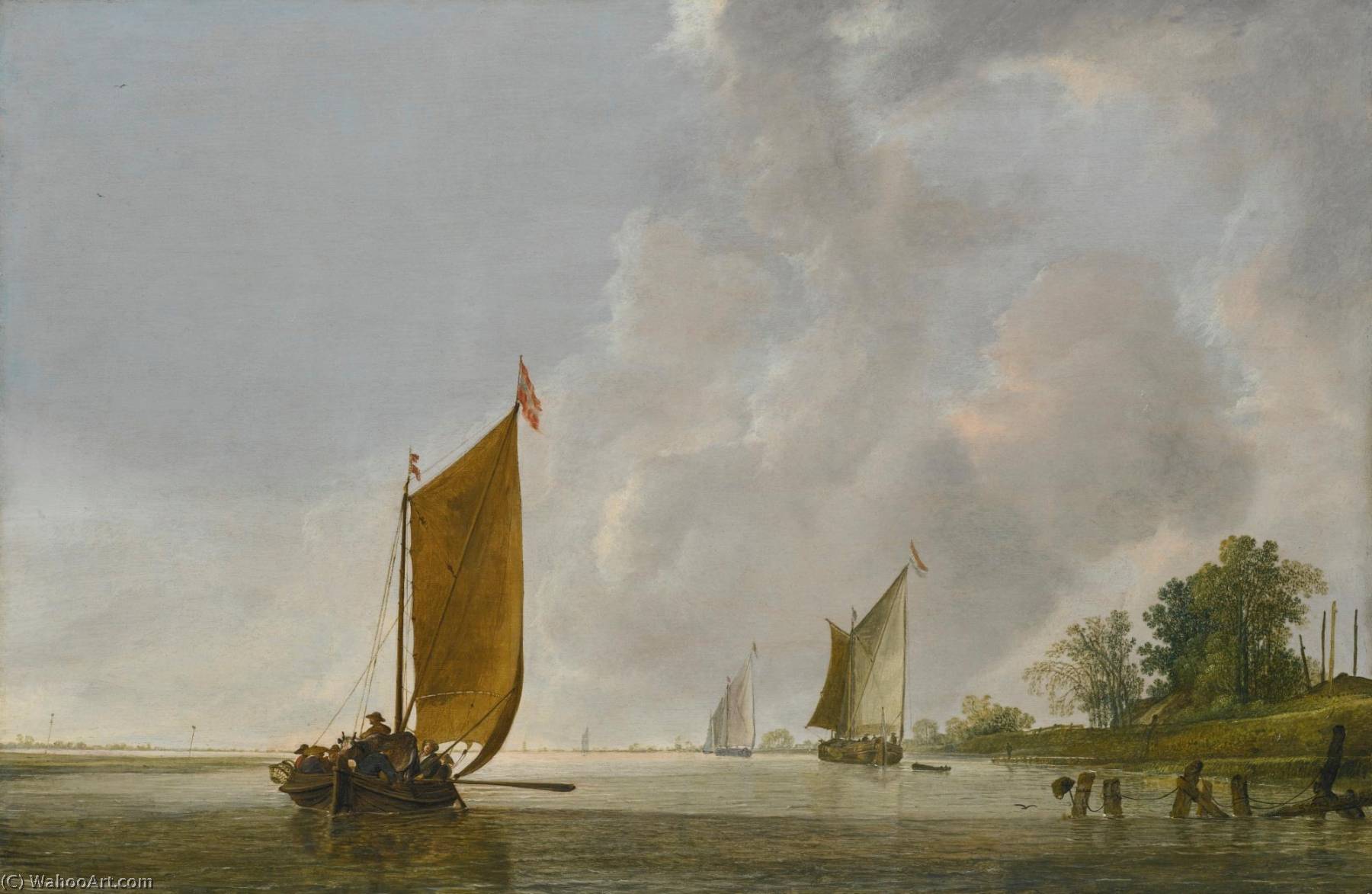 Wikioo.org - The Encyclopedia of Fine Arts - Painting, Artwork by Simon Jacobsz De Vlieger - A calm estuary at dawn with a Dutch kaag
