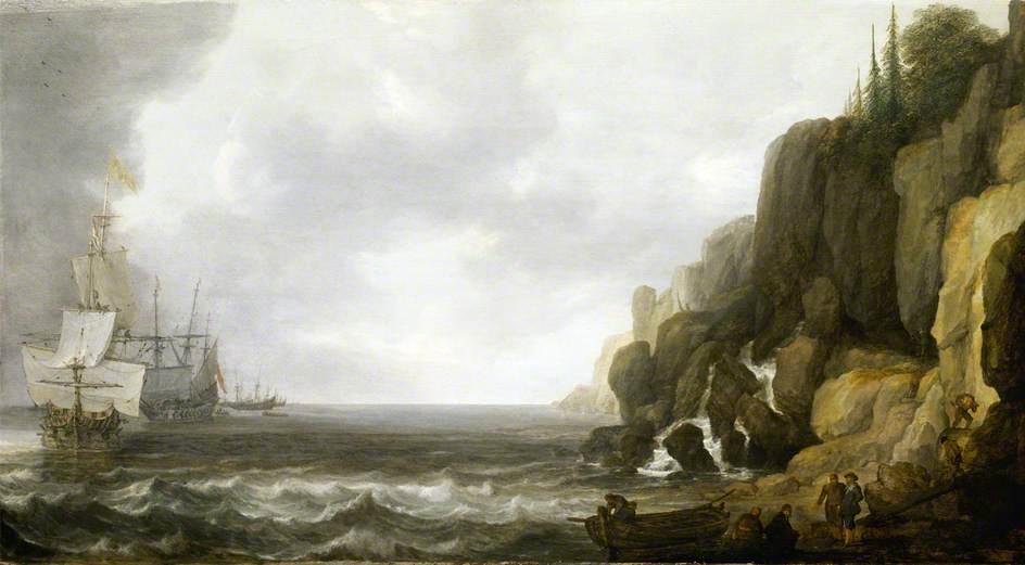 Wikioo.org - The Encyclopedia of Fine Arts - Painting, Artwork by Simon Jacobsz De Vlieger - Dutch Ships Revictualling off a Rocky Coast