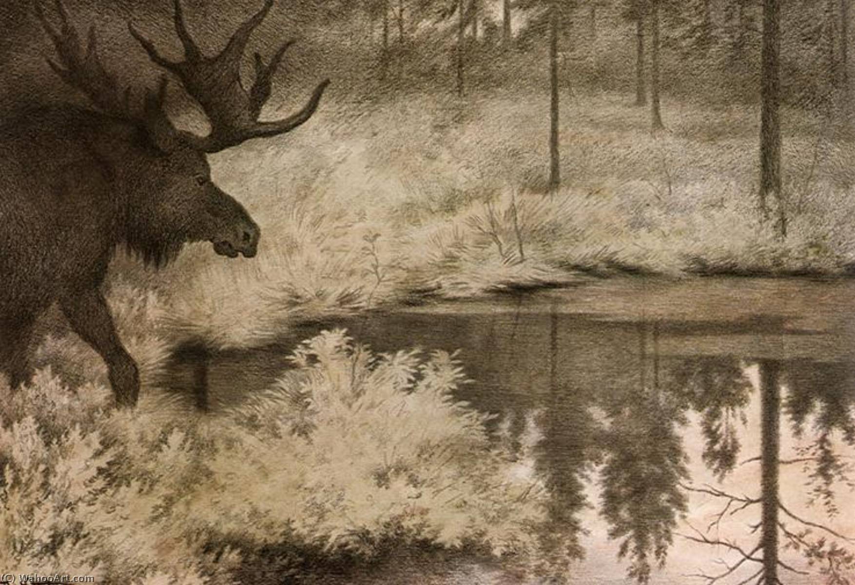 Wikioo.org - The Encyclopedia of Fine Arts - Painting, Artwork by Theodor Kittelsen - I Came to the Secret Springs and Lakes Where Mooses Slake Their Thurst