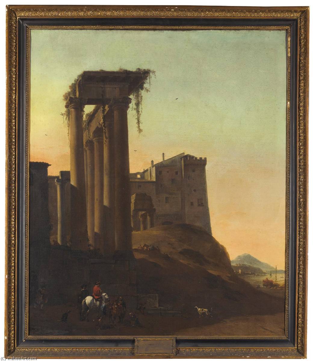 WikiOO.org - Encyclopedia of Fine Arts - Lukisan, Artwork Thomas Wyck - Riders by Italianate ruins with a seaport beyond