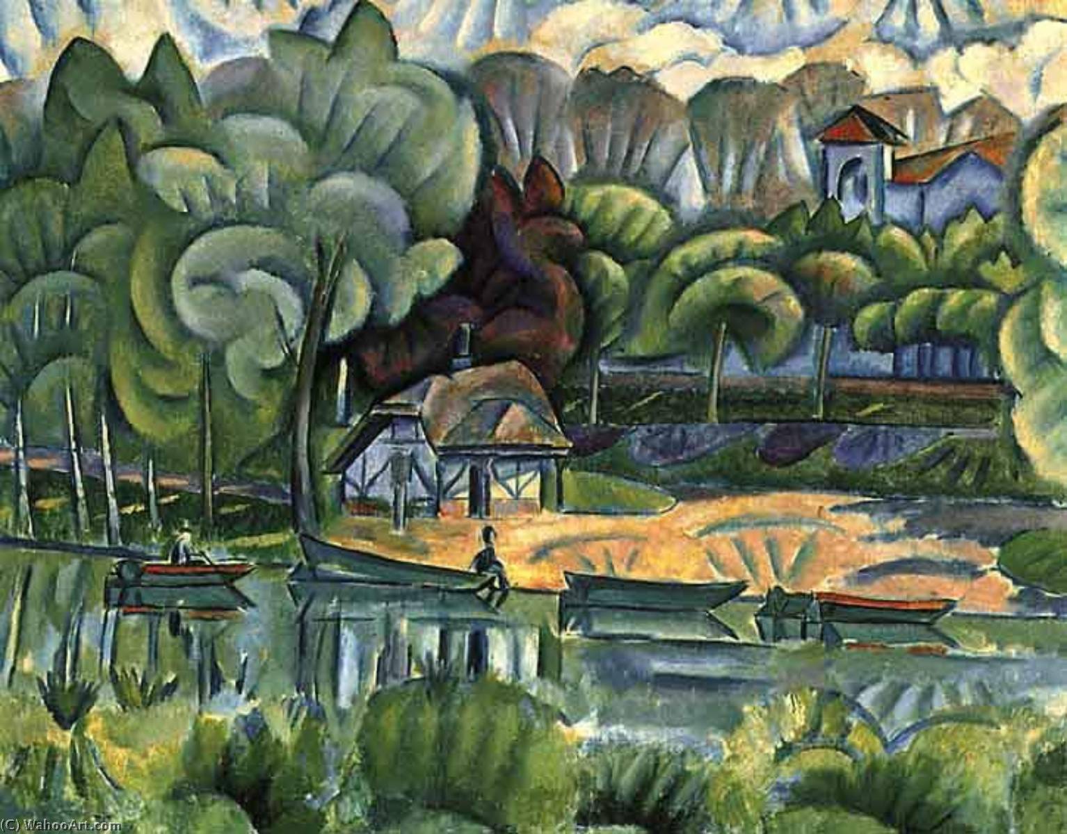 Wikioo.org – L'Encyclopédie des Beaux Arts - Peinture, Oeuvre de Vladimir Davidovich Baranov Rossine - maisons au  Berge de rivière