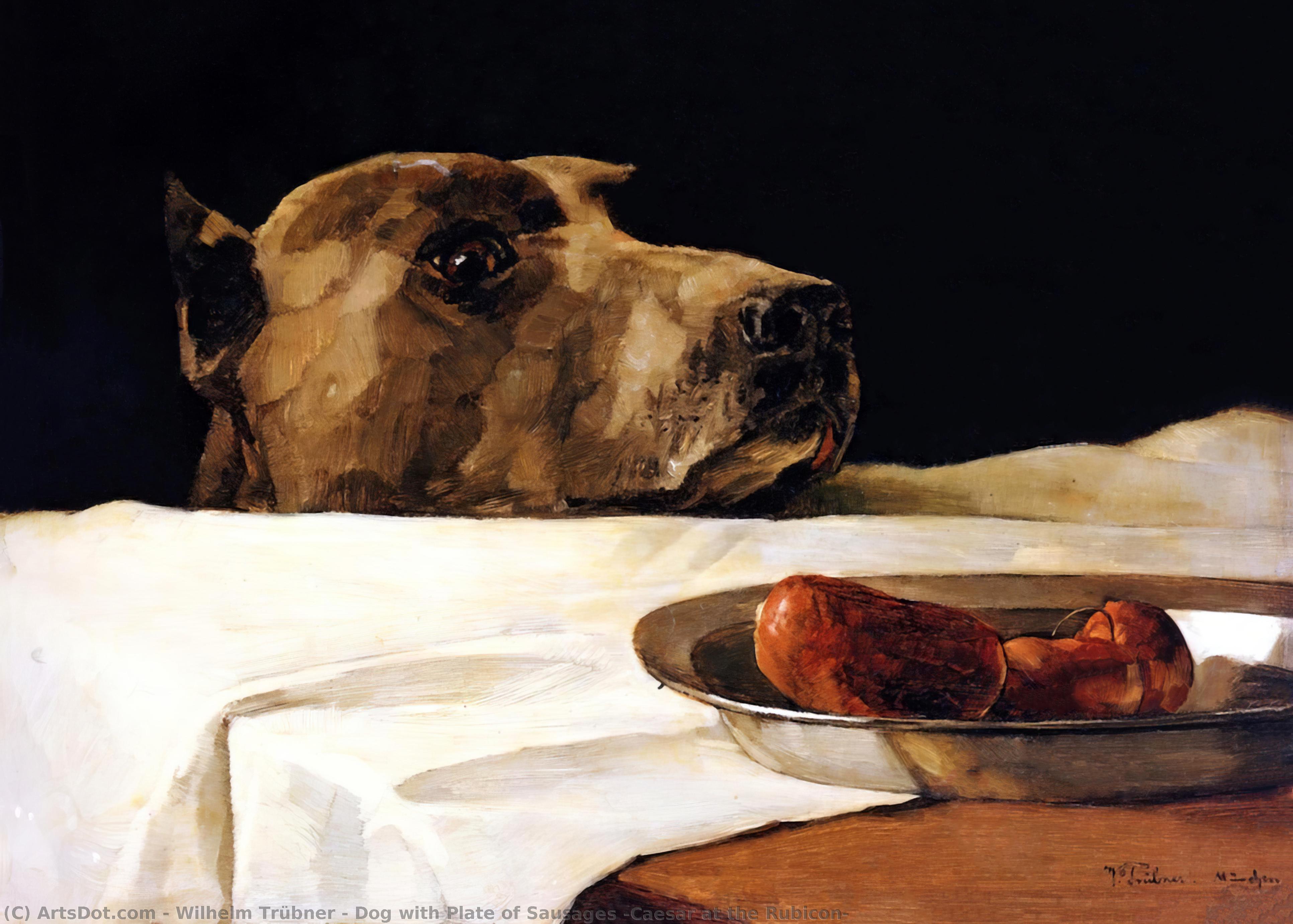 Wikioo.org - The Encyclopedia of Fine Arts - Painting, Artwork by Wilhelm Trübner - Dog with Plate of Sausages (also known as Caesar at the Rubicon)