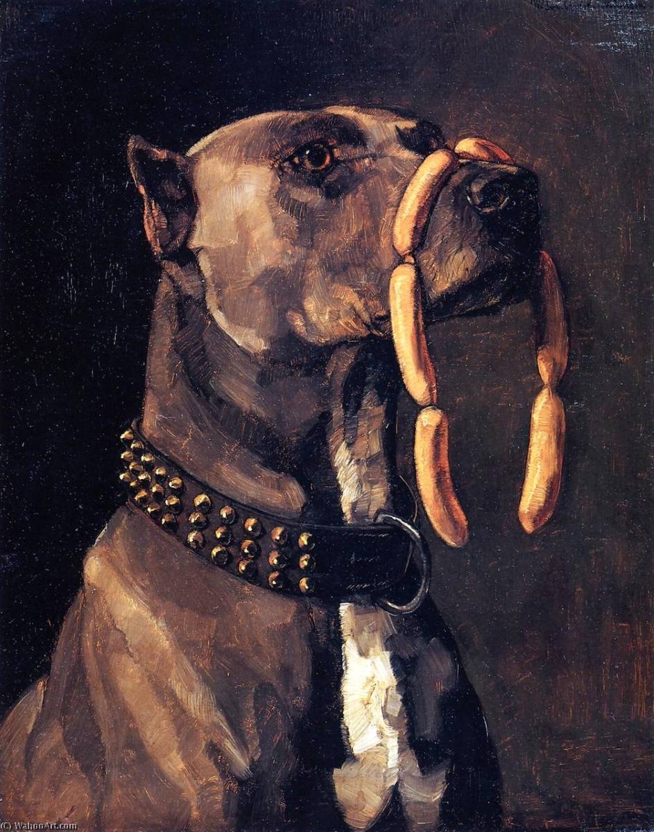 Wikioo.org - The Encyclopedia of Fine Arts - Painting, Artwork by Wilhelm Trübner - Dog with Sausages (also known as Hail Caesar, We Who are about to Die Salute You)