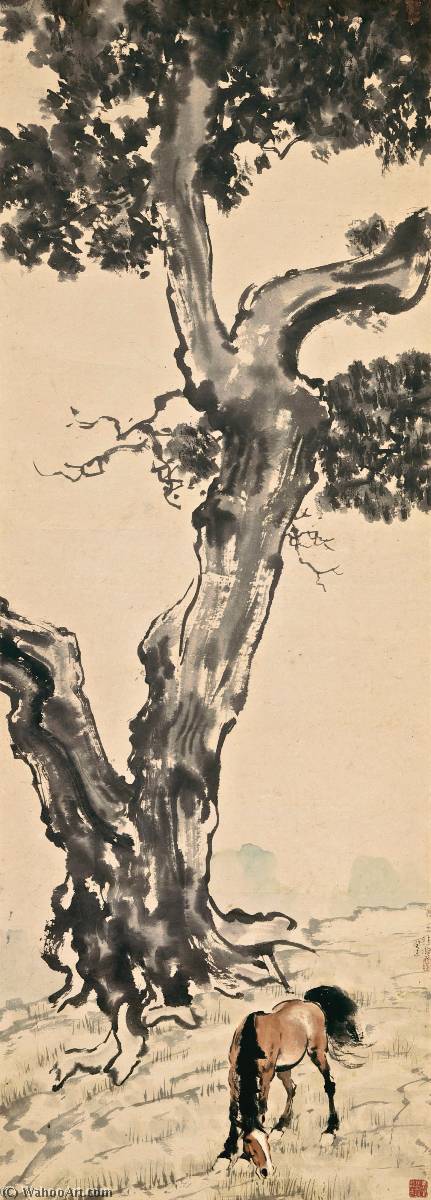 WikiOO.org - Encyclopedia of Fine Arts - Maľba, Artwork Xu Beihong - Grazing UNDER THE TREE