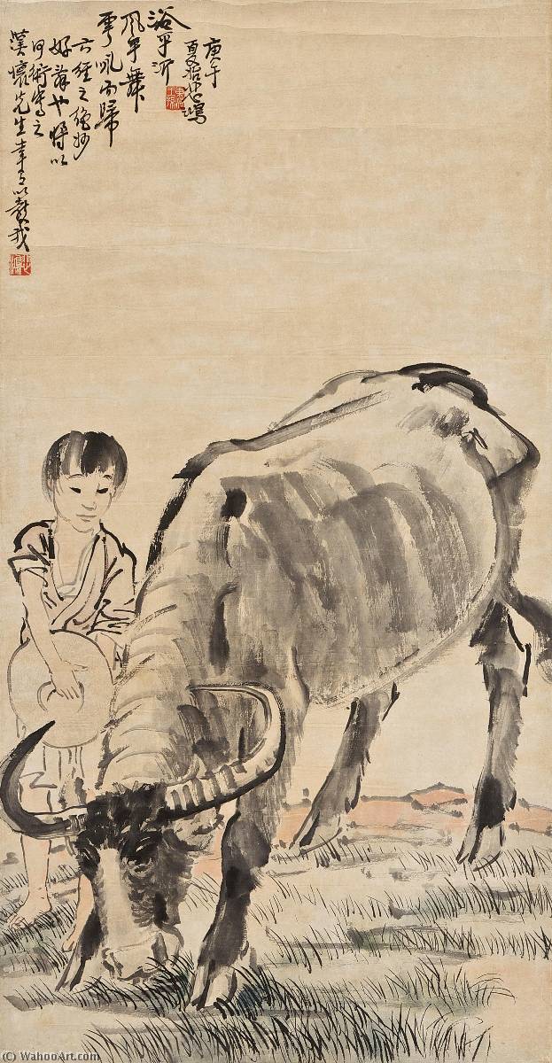 Wikoo.org - موسوعة الفنون الجميلة - اللوحة، العمل الفني Xu Beihong - BUFFALO AND THE HERD BOY